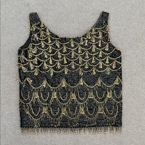 Vintage Bonnie Wong Elegant Black and Gold hand beaded Women's Top